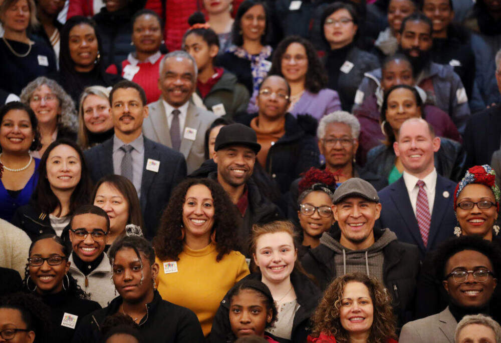 Attendees at Metco Advocacy Day pose for a group photo at the Massachusetts State House in 2019. (Craig F. Walker/The Boston Globe via Getty Images)