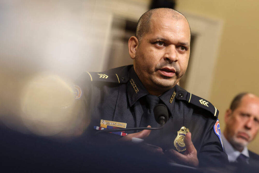 U.S. Capitol Police officer Sgt. Aquilino Gonell testifies before the House Select Committee investigating the January 6 attack on the U.S. Capitol on July 27, 2021 at the Cannon House Office Building in Washington, DC. Members of law enforcement testified about the attack by supporters of former President Donald Trump on the U.S. Capitol. According to authorities, about 140 police officers were injured when they were trampled, had objects thrown at them, and sprayed with chemical irritants during the insurrection. (Photo by Oliver Contreras-Pool/Getty Images)