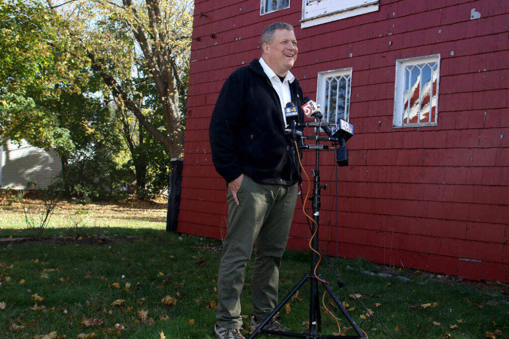 Bristol County Sheriff Paul Heroux speaks to media in the yard of his home. (Photo by Lane Turner/The Boston Globe via Getty Images)