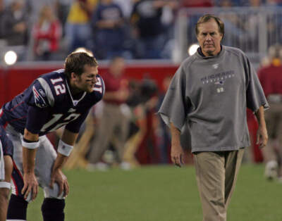 Tom Brady and Bill Belichick prior to the game as the Patriots take on the Redskins at Gillette Stadium, Aug. 26, 2006. (Stuart Cahill/MediaNews Group/Boston Herald via Getty Images)