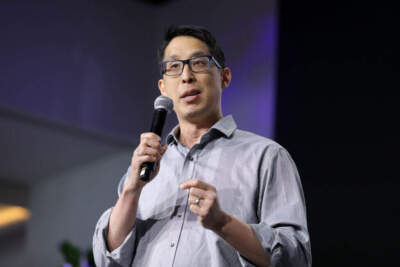 Author Gene Luen Yang speaks onstage at The Asian American Foundation Heritage Month Summit & Celebration in New York City. (JP Yim/Getty Images for The Asian American Foundation)