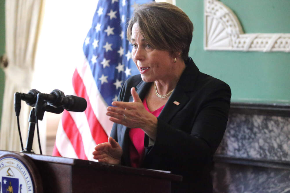 Gov. Maura Healey speaks during an event last year at the State House. (Stuart Cahill/Boston Herald via Getty Images)