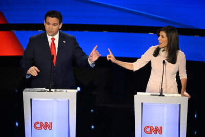 Florida Governor Ron DeSantis (L) and former US Ambassador to the UN Nikki Haley speak during the fifth Republican presidential primary debate at Drake University in Des Moines, Iowa, on January 10, 2024. (Jim Watson/AFP via Getty Images)