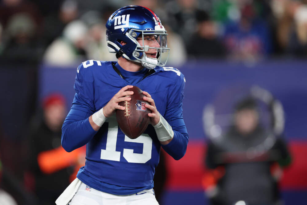 Tommy DeVito of the New York Giants looks to throw a pass during the second half in the game against the Philadelphia Eagles at MetLife Stadium on Jan. 07, 2024 in East Rutherford, New Jersey. (Al Bello/Getty Images)