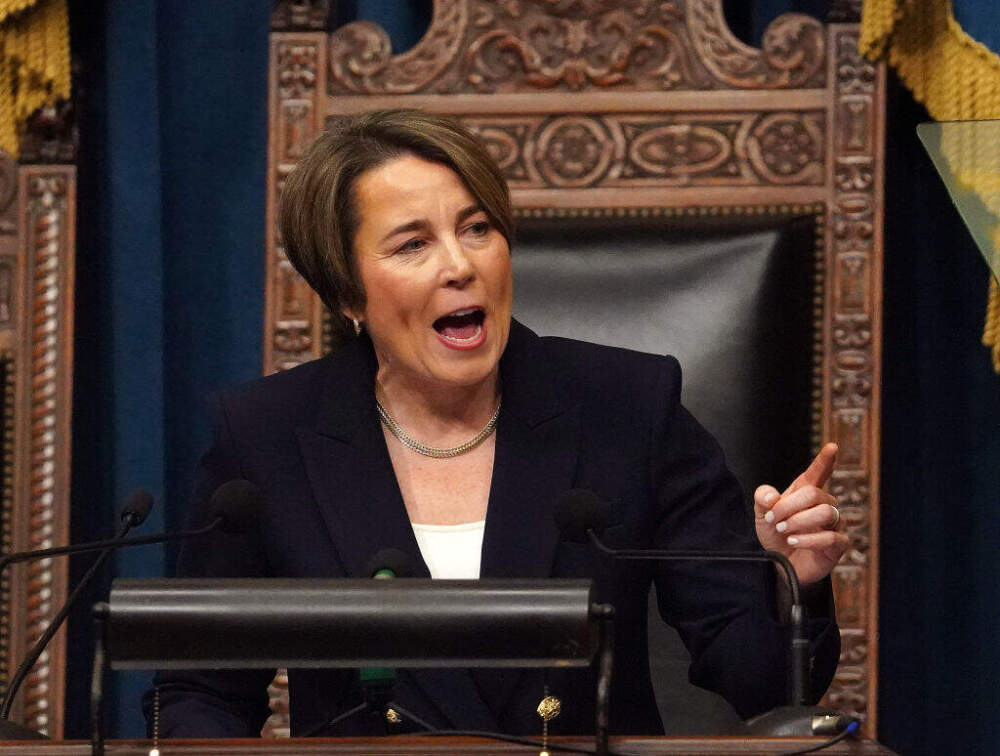 Massachusetts Gov. Maura Healey delivers her first State of the Commonwealth Address in the House Chambers of the Massachusetts State House. (Photo by Barry Chin/The Boston Globe via Getty Images)