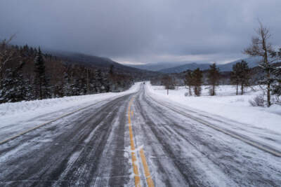 Roads remain icy following a day of snow on January 17, 2024 in Bartlett, New Hampshire. Republican presidential candidates are criss crossing the state of New Hampshire in freezing weather as the state prepares to host the 2024 Presidential Primary. (Photo by Spencer Platt/Getty Images)