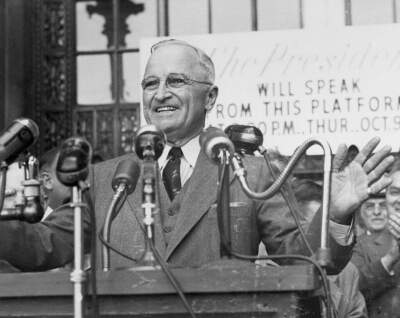 President Truman responds with a warm smile as he is greeted by an estimated 30,000 persons in Cleveland's Public Square, Oct. 9. (Bettmann / Contributor via Getty Images)