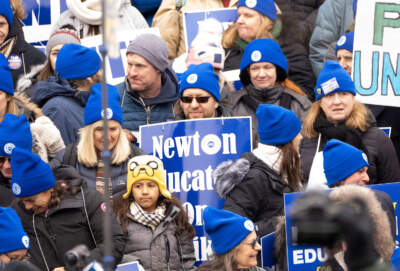 The Newton Teachers Association marked the first day of its strike with a rally of thousands outside Newton City Hall. (Max Larkin/WBUR)