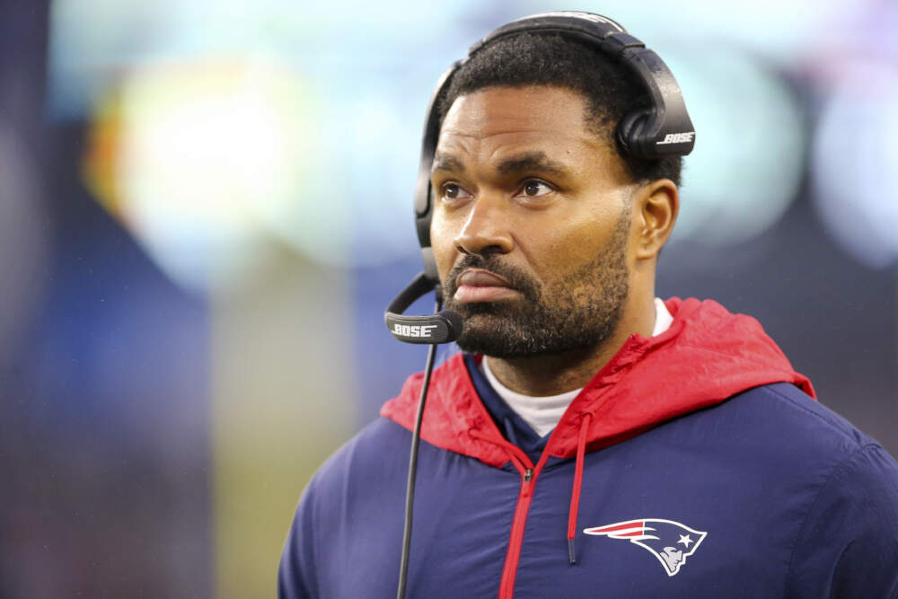New England Patriots inside linebacker coach Jerod Mayo watches from the sideline during the second half of a game in 2022. (Stew Milne/AP)