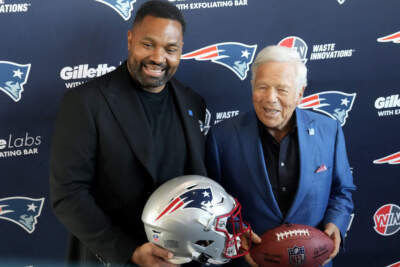 Newly-named New England Patriots head coach Jerod Mayo, left, and Patriots owner Robert Kraft stand together for a photograph following a football news conference. (Steven Senne/AP)