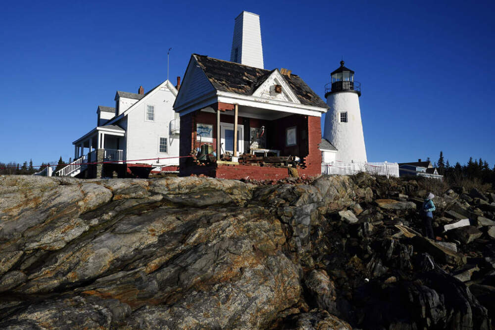 The iconic bell tower building at Pemaquid Point Light stands with makeshift modifications in Bristol, Maine, after being pummeled by damaging winds and waves from powerful storm. (Robert F. Bukaty/AP)