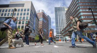 People crossing at the intersection of Ames and Main Streets. Kendall Square is home to dozens of biotech companies. (Jesse Costa/WBUR)