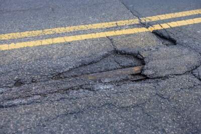 A pothole on South Huntington Avenue in Jamaica Plain. (Jesse Costa/WBUR)