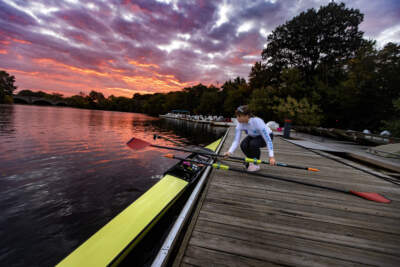 Rower Maria Podan sets out onto the Charles River to practice for the Head of the Charles. (Jesse Costa/WBUR)