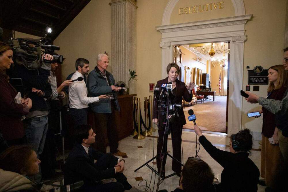 Gov. Maura Healey takes reporters' questions Wednesday, Feb. 7, 2024 about the state budget, the migrant housing crisis, and her nomination of Gabrielle Wolohojian to the Supreme Judicial Court.