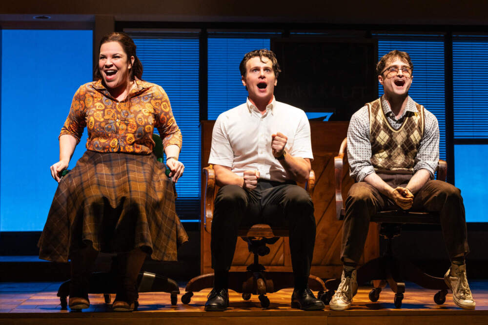 Lindsay Mendez (left), Jonathan Groff (center) and Daniel Radcliffe (right) star in Broadway's &quot;Merrily We Roll Along.&quot; (Matthew Murphy)