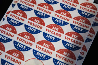 Shown in the Spanish language are &quot;He Votado Hoy&quot; stickers or I voted today at a polling place in Philadelphia. (Matt Rourke/AP)