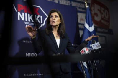 Republican presidential candidate former UN Ambassador Nikki Haley speaks to members of the media during a campaign event at Thunder Tower Harley Davidson Monday, Feb. 12, 2024, in Elgin, S.C. South Carolinians will participate in their Republican primary on Feb. 24. (Sean Rayford/AP)