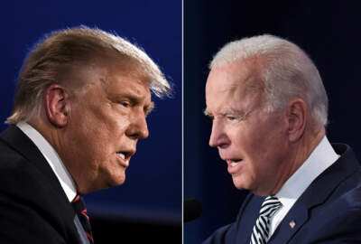 This combination of pictures created on Sept. 29, 2020 shows former President Donald Trump (L) and President Joe Biden squaring off during the first presidential debate at the Case Western Reserve University and Cleveland Clinic in Cleveland, Ohio on Sept. 29, 2020. (Jim Watson and Saul Loeb/AFP via Getty Images)