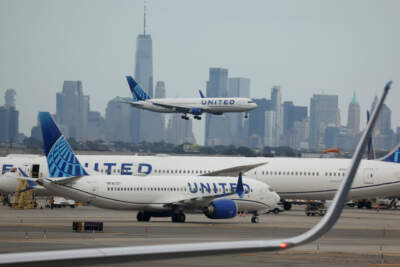 A United Airlines plane lands at Newark Liberty International Airport in front of the New York skyline in Newark, New Jersey. (Justin Sullivan/Getty Images)