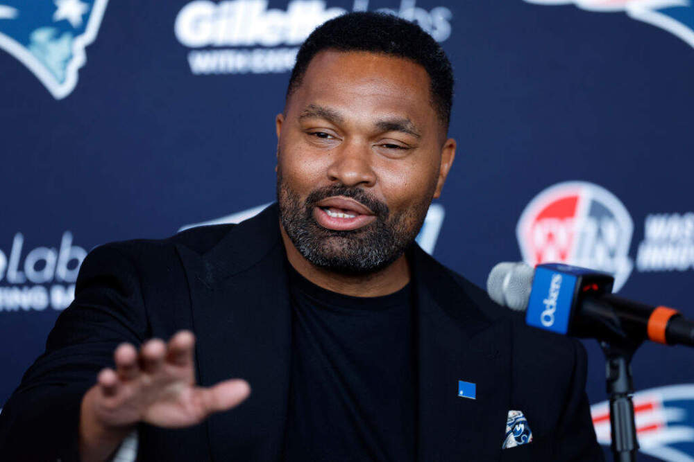 New England Patriots head coach Jerod Mayo speaks during his introductory press conference at Gillette Stadium. (Danielle Parhizkaran/The Boston Globe via Getty Images)