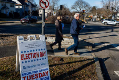 Volunteers in Milton go door-to-door talking to voters ahead of Wednesday's referendum on the town's new zoning bylaw. (Erin Clark/The Boston Globe via Getty Images)