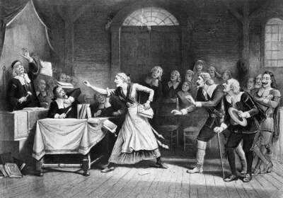 Witch trial in Salem, Massachusetts.   (Lithograph by George H. Walker. Undated)