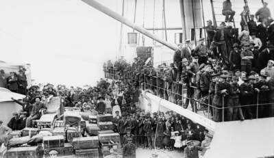 A crowd of European immigrants and their luggage on The Imperator, then the world's largest Ocean Liner. (Courtesy)