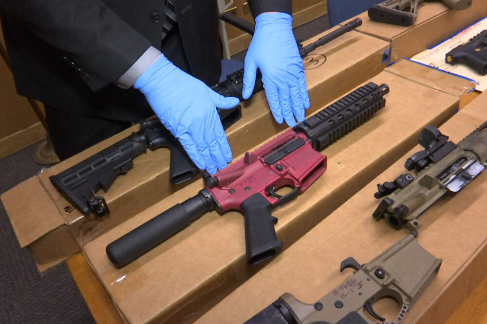 &quot;Ghost guns&quot; are displayed at the headquarters of the San Francisco Police Department in 2019. (Haven Daley/AP)