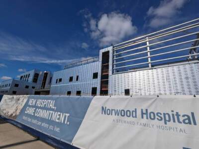 Norwood Hospital on Feb. 21, 2024. The hospital is under construction, but work has stopped. (Priyanka Dayal McCluskey/WBUR)
