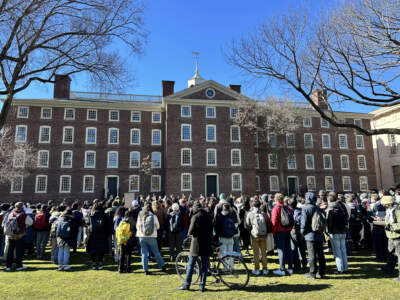 More than a hundred students from Brown University gathered on the main campus green on Monday to support their peers on hunger strike. (Olivia Ebertz/ The Public’s Radio)