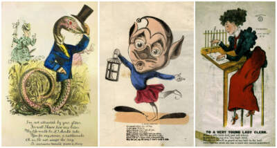 Three 19th century vinegar valentines are anything but sweet. (First image public domain, center and right Hulton Archive/Getty Images)