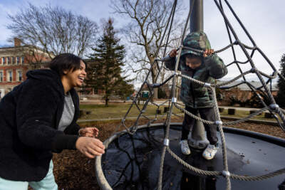 Graciella Carter spins a carousel for her 5-year-old son at a park in Northampton. (Jesse Costa/WBUR)