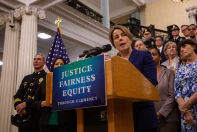 Gov. Maura Healey announces she is taking executive action to pardon misdemeanor marijuana possession convictions in Massachusetts during a press conference on the steps of the State House grand staircase. (Jesse Costa/WBUR)