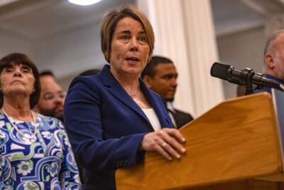 Gov. Maura Healey speaks to reporters on the Grand Staircase in the State House. (Jesse Costa/WBUR)