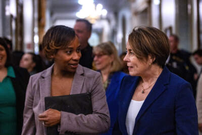 Massachusetts Attorney General Andrea Campbell and Governor Maura Healey in 2024. (Jesse Costa/WBUR)