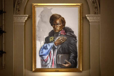 Artist Imo Nse Imeh's portrait of Frederick Douglass at Mechanics Hall in Worcester. (Robin Lubbock/WBUR)