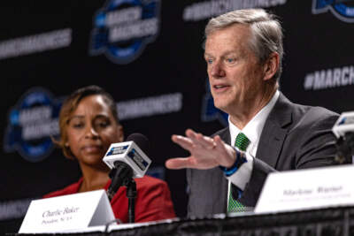 NCAA President and former Governor Charlie Baker speaks at a press conference announcing a new public-private partnership to address the dangers of youth gambling at TD Garden. (Jesse Costa/WBUR)