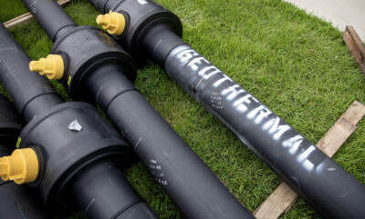 Pipes destined for a networked geothermal project in Framingham, Mass. (Robin Lubbock/WBUR)