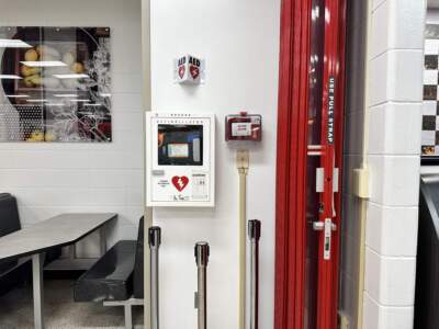 An AED is a device that sends a shock to the heart of someone going through a sudden cardiac arrest to try and revive a heartbeat. It can be life saving. (Alex Li/Side Effects Public Media)