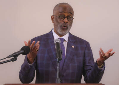 Attorney Joseph Feaster, chairman of the Boston reparations task force, speaking at a ceremony at the Museum of African American History on Feb. 7, 2023. (Matthew J. Lee/The Boston Globe via Getty Images)