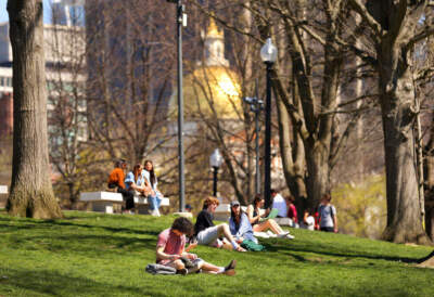 Young people sit on a hillside of the Boston Common. (John Tlumacki/The Boston Globe via Getty Images)