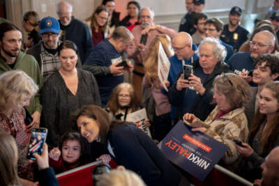 Republican presidential candidate and former U.N. Ambassador Nikki Haley greets supporters following a speech at a campaign event at the DoubleTree Hotel on March 3 in South Burlington, Vermont. (John Tully/Getty Images)