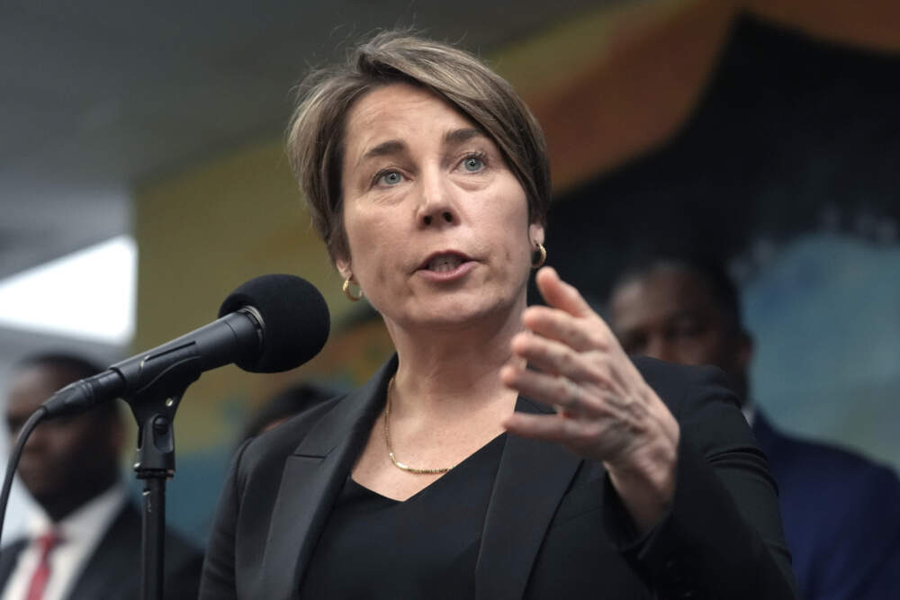 Massachusetts Gov. Maura Healey takes questions from reporters, Jan. 31, 2024, during a news conference in Boston. (Steven Senne/AP)