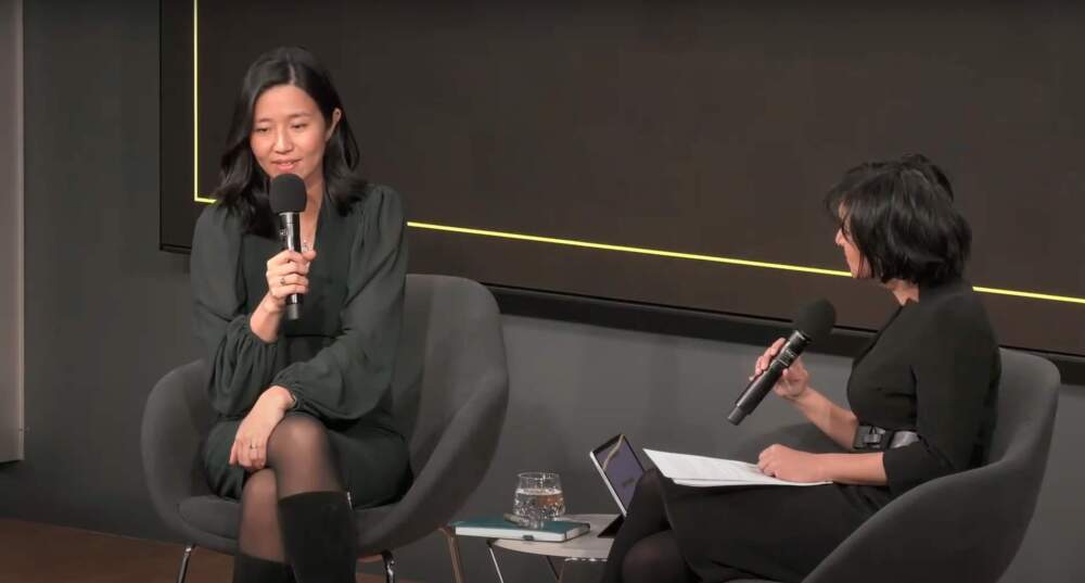 Mayor Michelle Wu sits with Morning Edition host Rupa Shenoy at WBUR's Town Hall. (Screenshot)