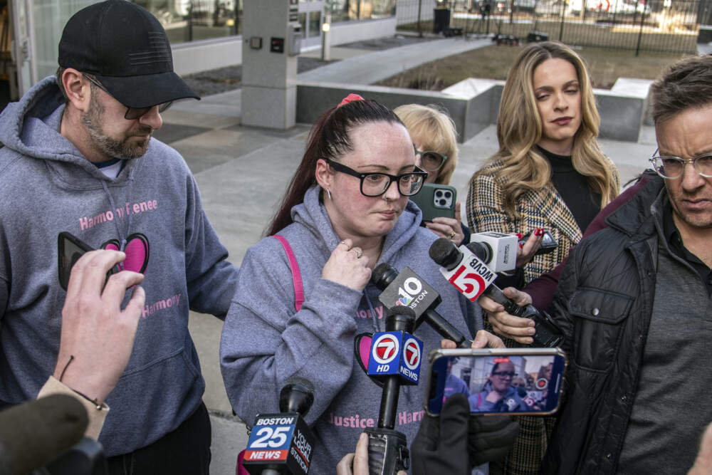 Crystal Sorey, Harmony Montgomery's biological mother, speaks with the media outside Hillsborough County Superior Court, Thursday, Feb. 22, 2024, in Manchester, N.H. (Jeffrey Hastings/Pool Photo via AP)