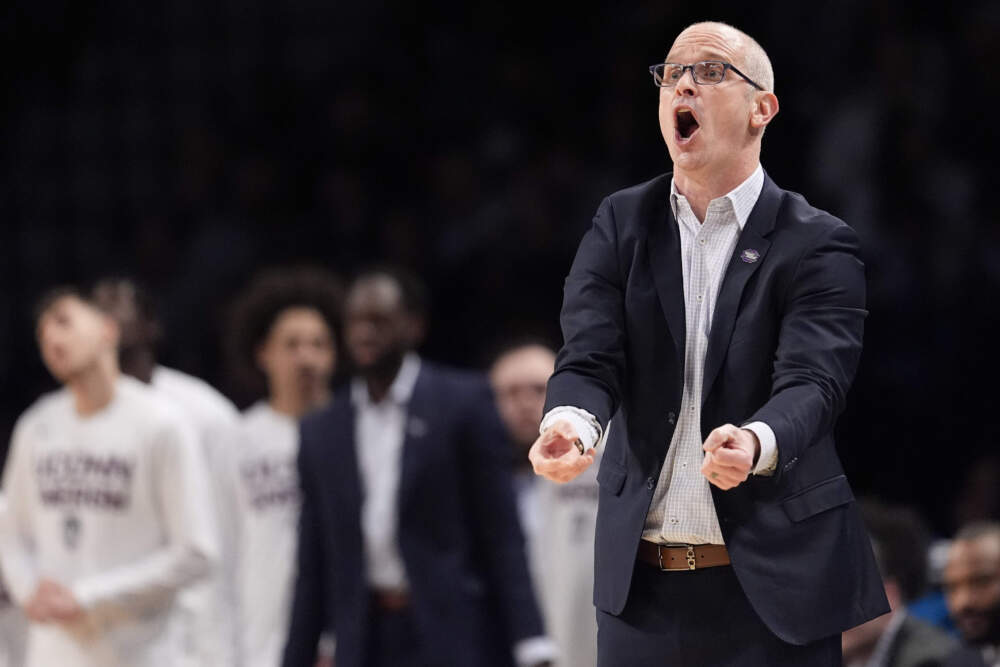UConn head coach Dan Hurley reacts during the first half of a second-round college basketball game against Northwestern in the NCAA Tournament, Sunday, March 24, 2024, in New York. (Mary Altaffer/AP)