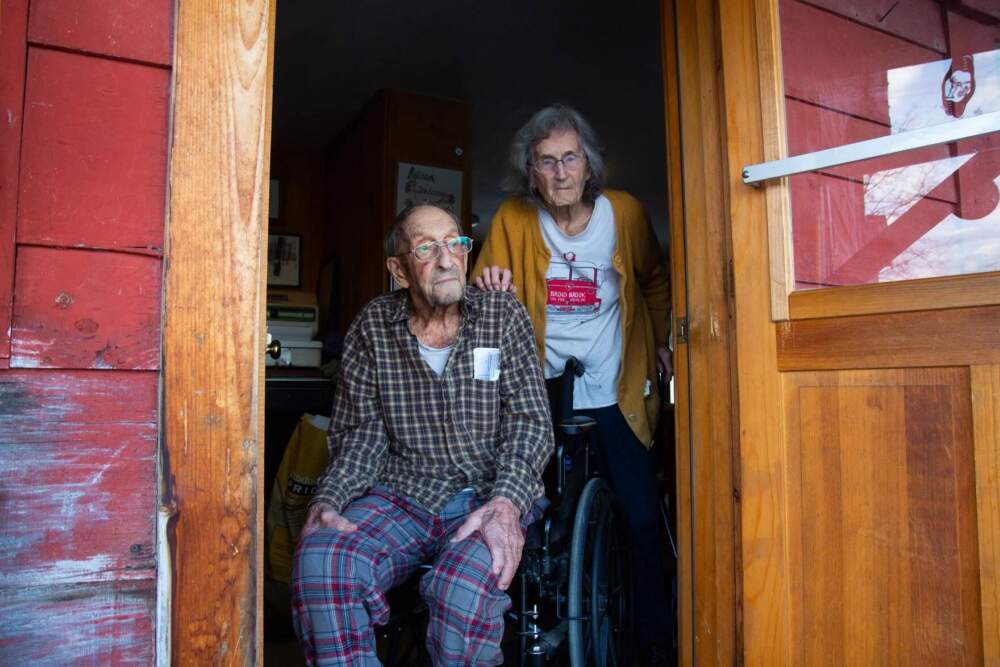 Floyd Van Alstyne and his wife, Marjorie, on their farm in East Barnard. Van Alstyne, 104, will get to experience a &quot;once-in-a-lifetime&quot; solar eclipse for a second time in Vermont in April. (Elodie Reed/Vermont Public)