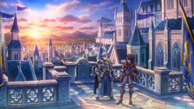 Alain and a Berengaria (in a customized color scheme) look out on their restored kingdom. (Courtesy of Vanillaware)