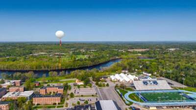 A balloon launched by members of the University of Maine High Altitude Ballooning Program over Orono. (Courtesy of the University of Maine via Maine Public)